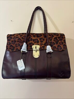 Patricia Nash Brown Leather Satchel with Leopard Print Flap and Gold Hardware